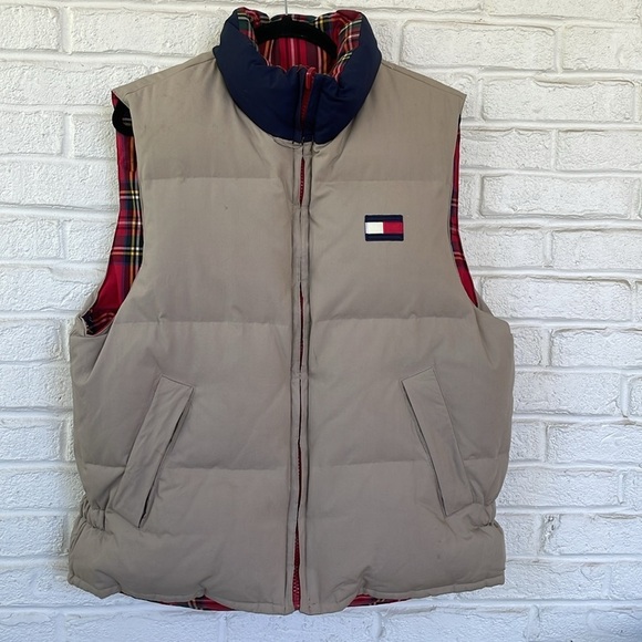 Vintage 90's Tommy Hilfiger Reversible Plaid to Khaki Puffer Vest - Picture 1 of 13